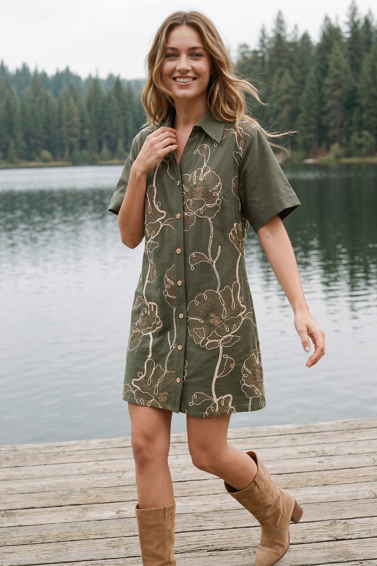 Short Sleeve Embroidered Floral Collared Button Dress Olive