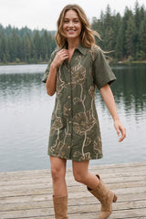 Short Sleeve Embroidered Floral Collared Button Dress Olive