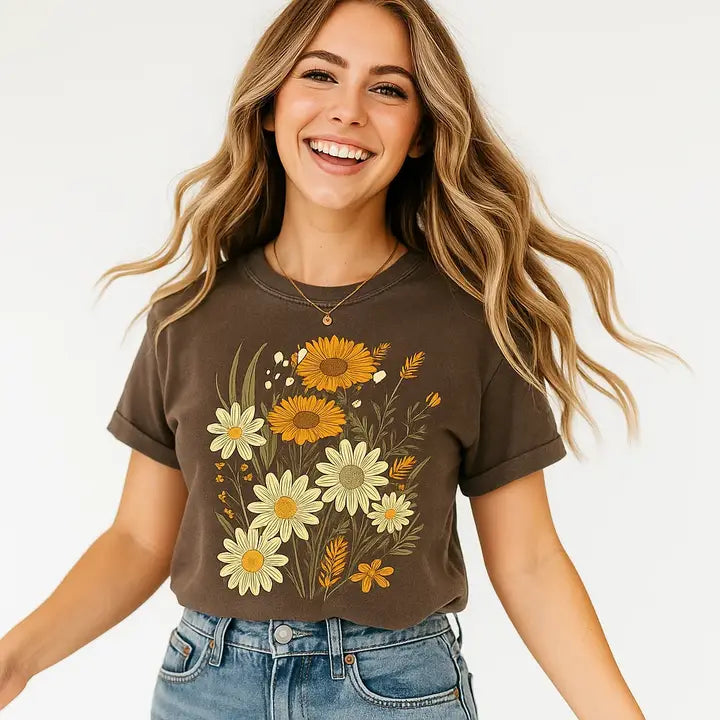 Floral Graphic Tee, Flowers, Nature, Vintage, Aesthetic Brown