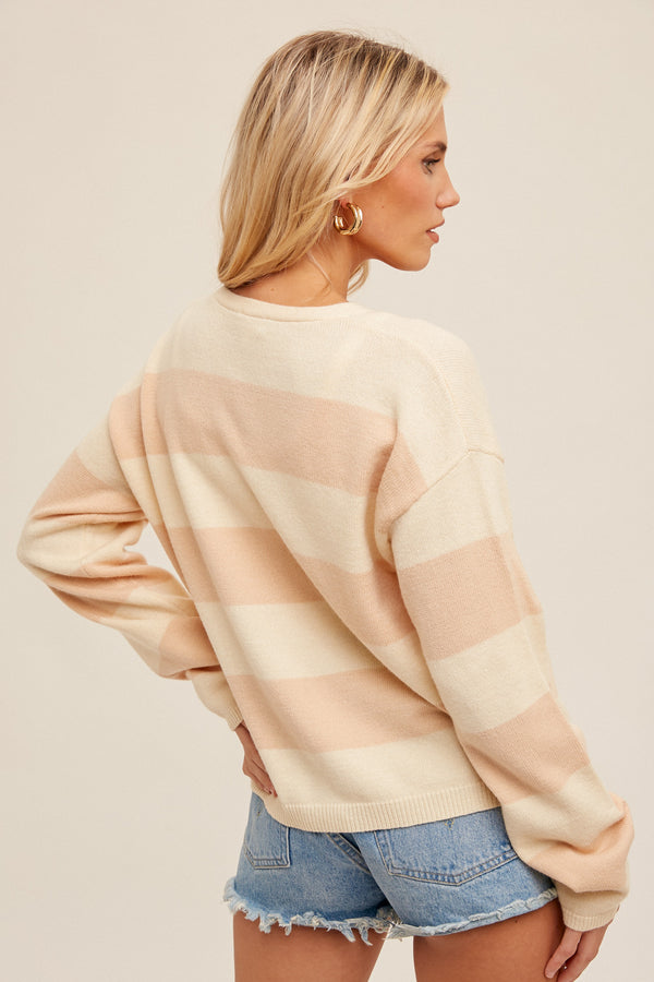 Button Down Stripe Relaxed Cardi Cream + Blush