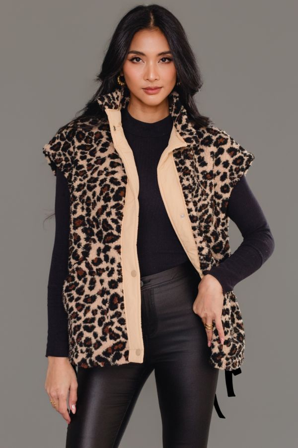 Nelle Fleece High Collar Vest Leopard
