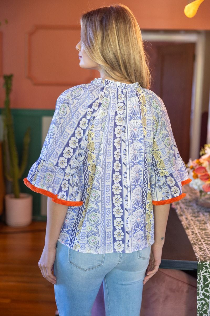 Fringe Detail Tassel Front Embroidered Floral Tile Top Purple