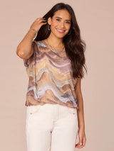 Bubble Hem Cap Sleeve Printed Top Caramel Latte