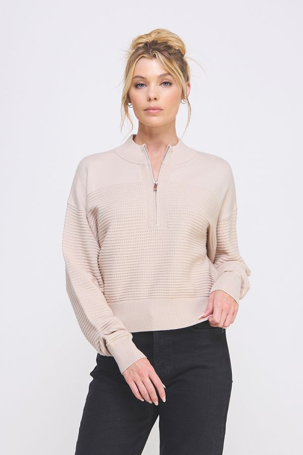 Textured Rib Dolman Half Zip Top Sand