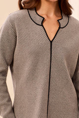 Split Neck Stripe Piping Detail Sweater Grey Mix