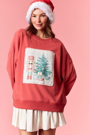 Christmas Corduroy Lace Trim Nutcracker Sweatshirt Dark Coral