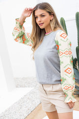 Mix Media Aztec Sleeve Knit Top Heather Grey