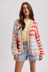 Multi Stripe Sweater Cardigan Red + Sky