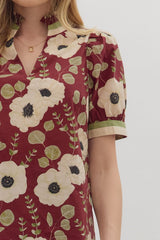 Poppy Floral Print Frill Neck Puff Sleeve Top Wine