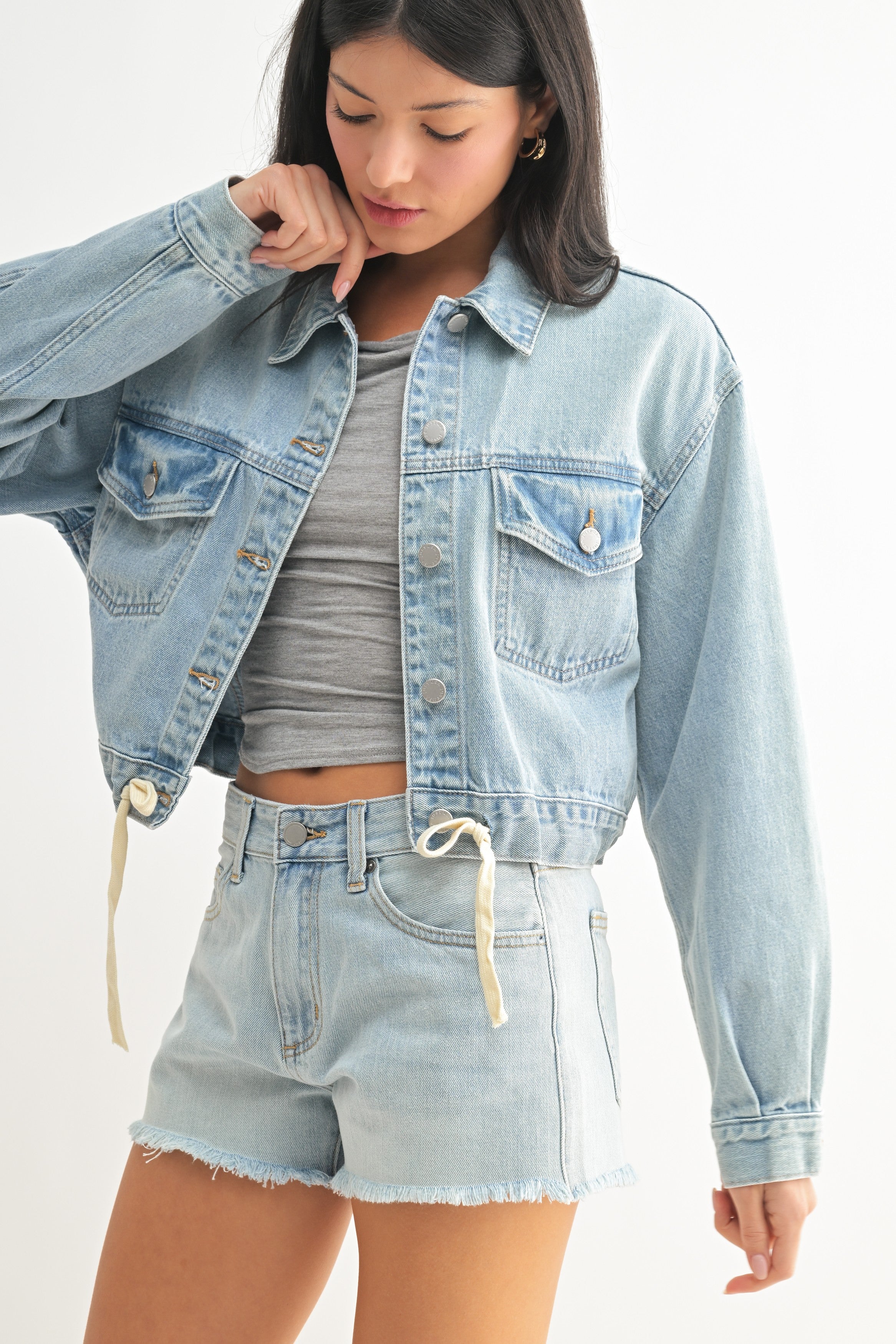 Tied Waist Denim Crop Jacket Light Denim