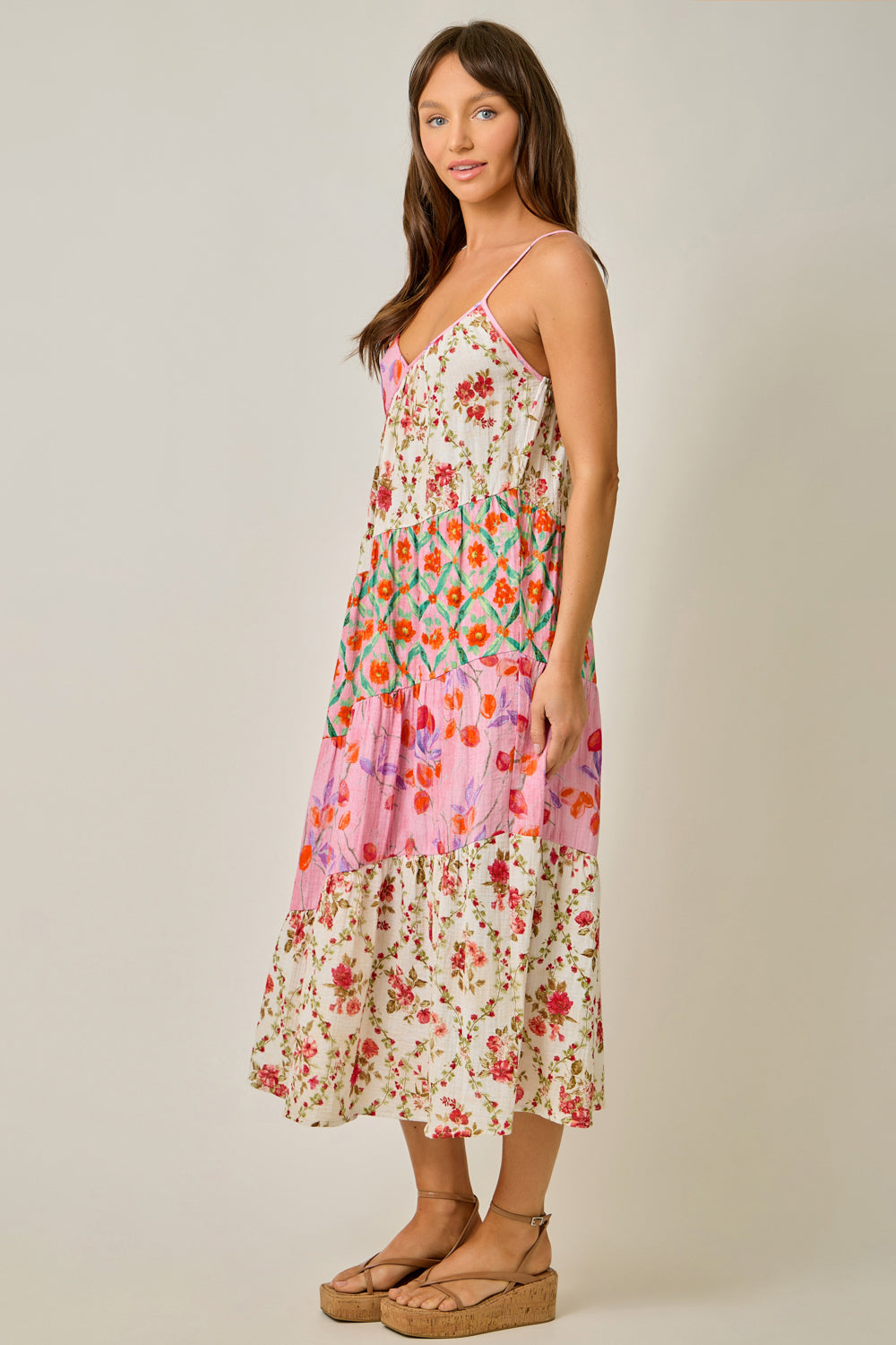Mixed Print Panels Long Dress Ivory + Rose
