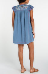 Flutter Sleeve Embroidered Details Dress Slate Blue