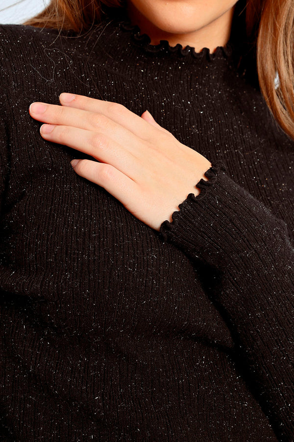 Lettuce Hem Turtleneck Sparkle Top Black