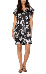 Flutter Sleeve Printed Woven Dress Black + White Floral