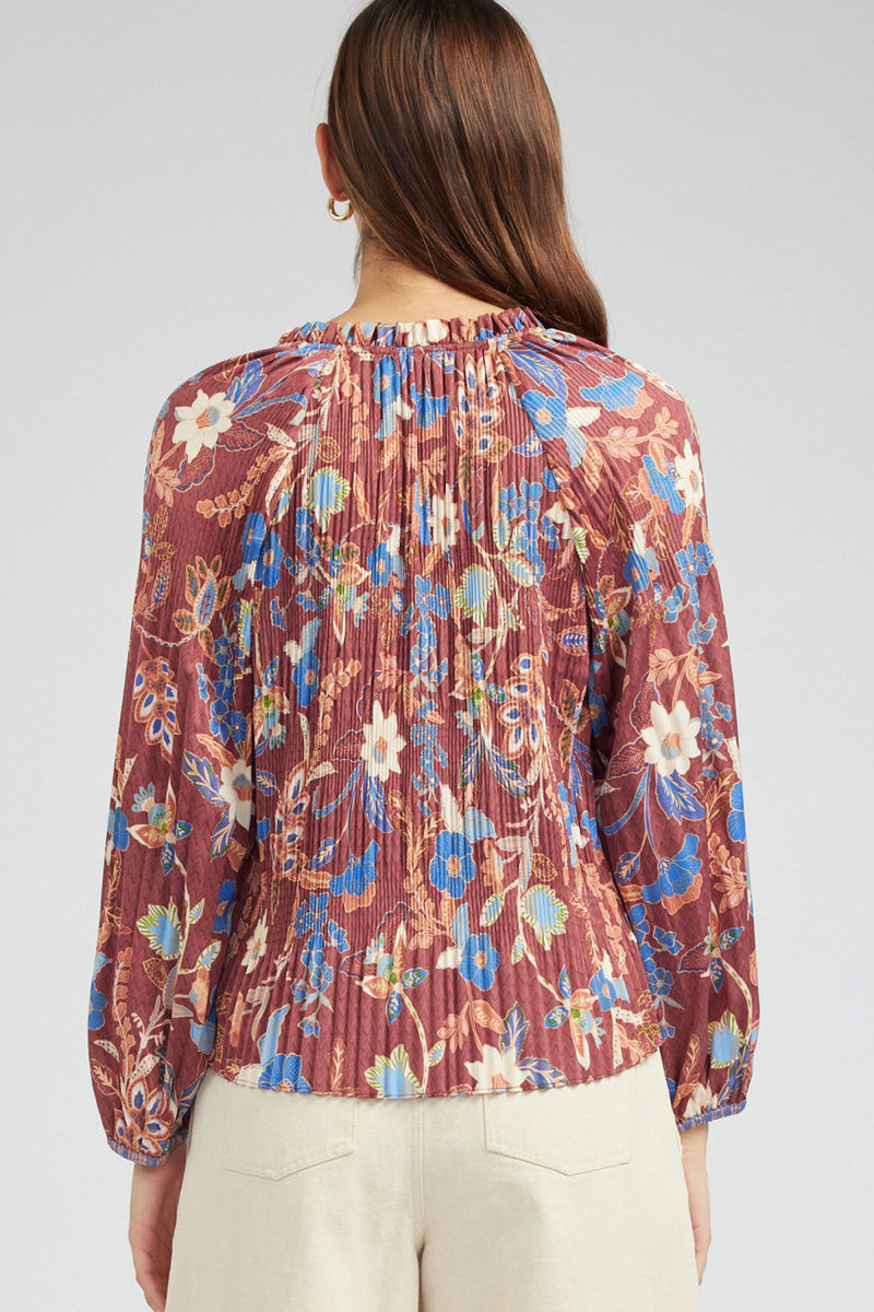 Pleated Detail Floral Ruffle Tie Neck Long Sleeve Blouse Chestnut Multi