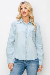 Shirred Sleeve Single Pocket Snap Button Shirt Light