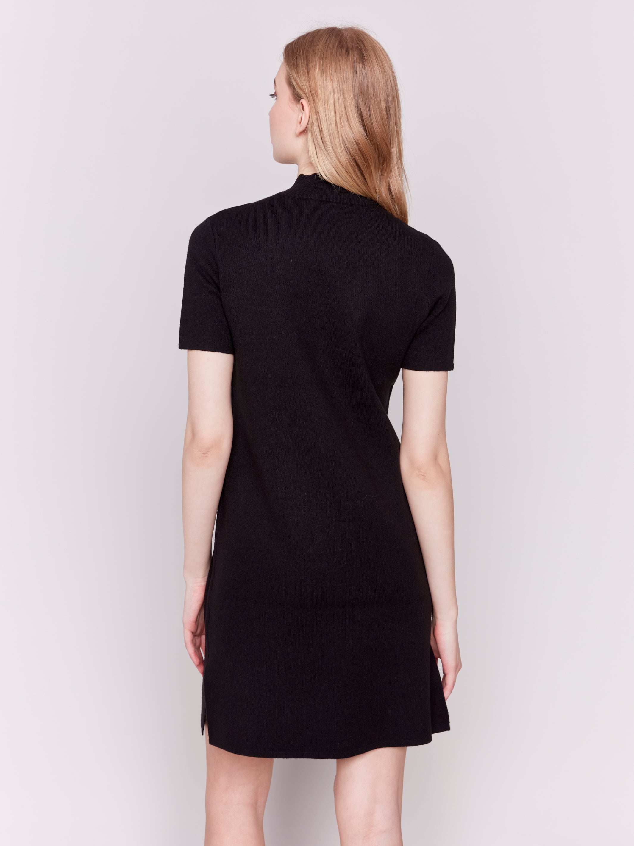 Knit Short Sleeve Mock Neck Dress Black