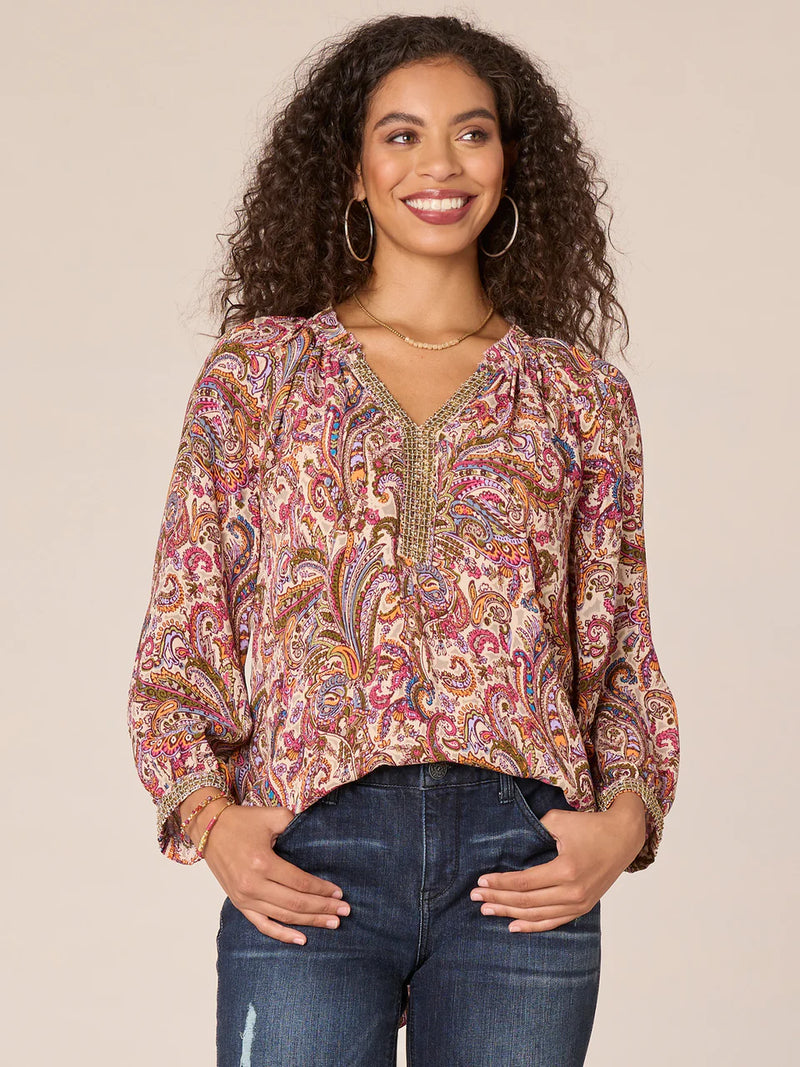 3/4 Blouson Sleeve Ruffle Edge Beaded Detail Top Sage + Berry Multi