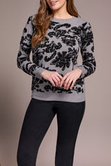 Floral Scroll Print Crew Neck Sweater Grey Mix