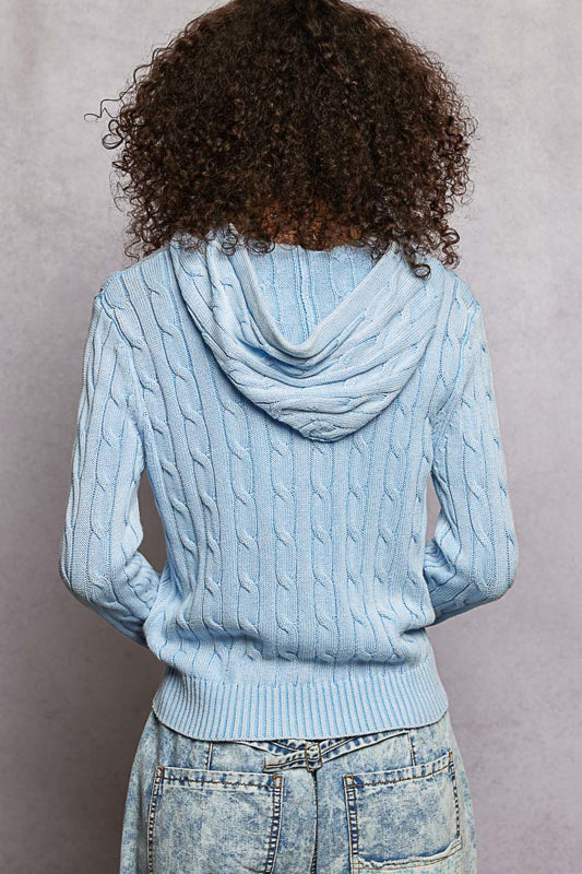 Floral Lace String Cable Knit Zip Hoodie Sweater Powder Blue