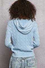 Floral Lace String Cable Knit Zip Hoodie Sweater Powder Blue