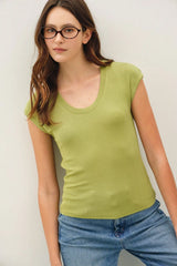 Ribbed Scoop Neck Cap Sleeve Modal Top Matcha