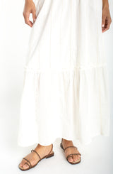 Tiered Woven Pull On Maxi Skirt Cream Stripe Embroidered
