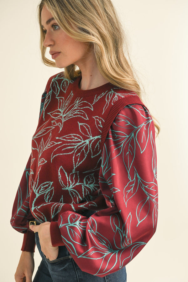 Puff Sleeve Leaf Print Sweater Plum Turquoise