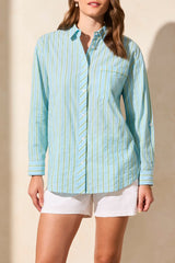 Roll Sleeve Striped Button Down Shirt Green Sea