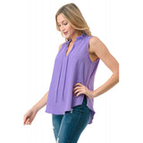 Crinkle Split Tie Neck Sleeveless Top Lilac