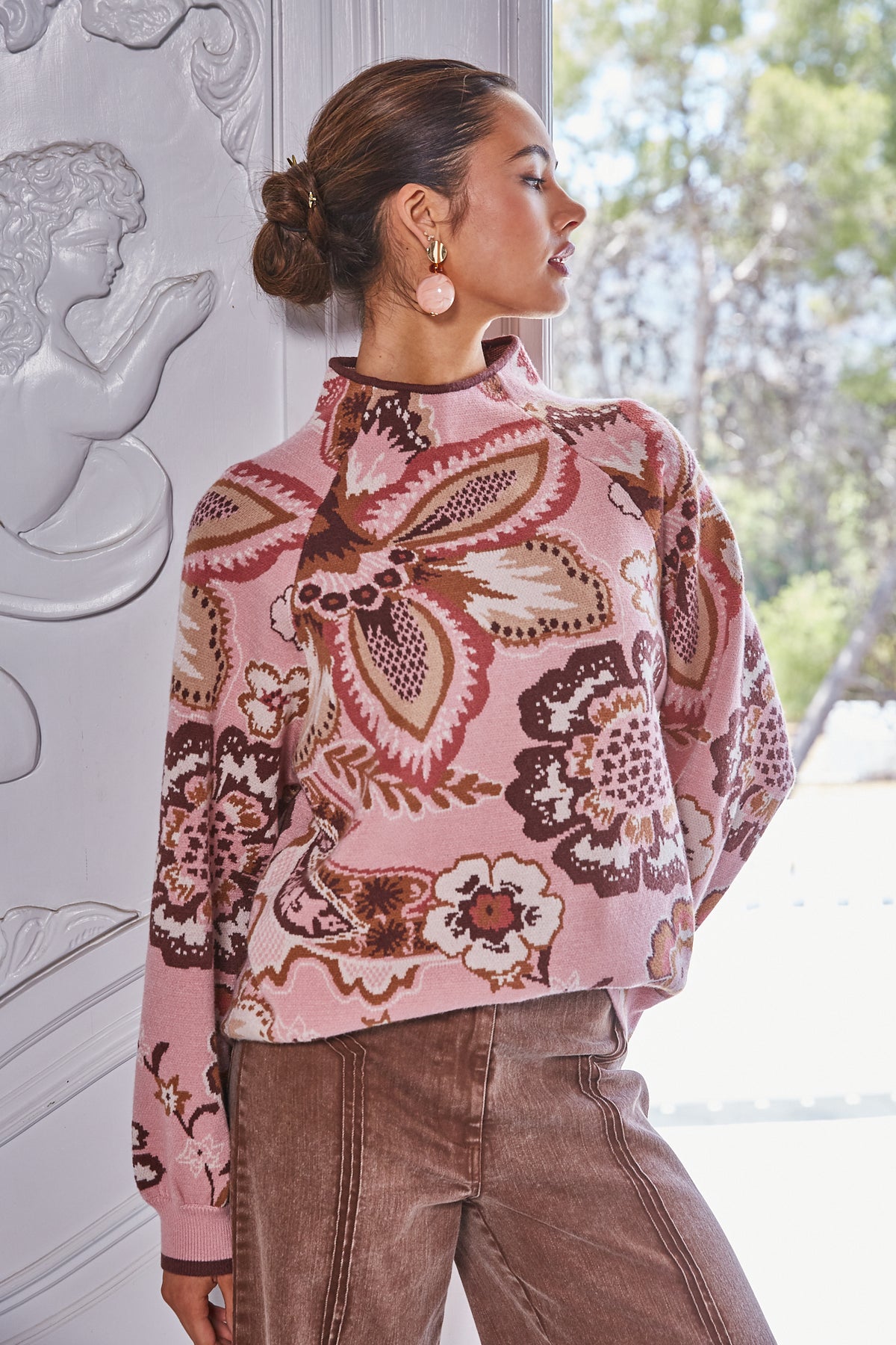 Bold Fleur Paisley Funnel Neck Sweater Mauve Multi
