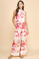 Abstract Print Wide Leg Pants Pink Multi