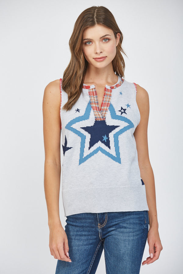 Plaid Trim Star Print Sweater Tank Heather Grey