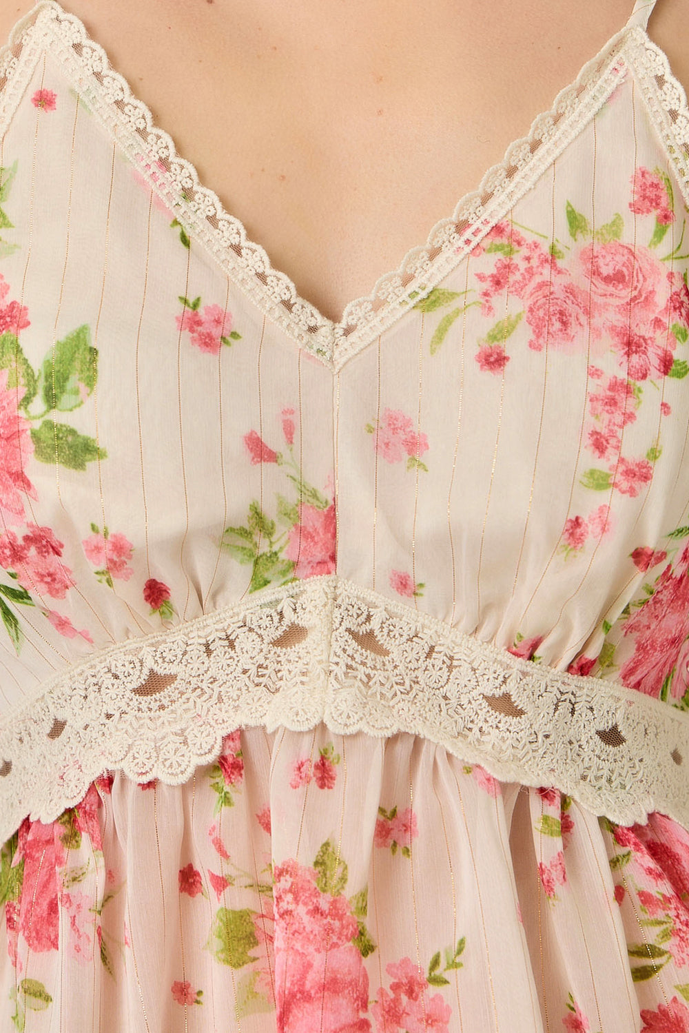 Lace Edging Floral Print Flowy Cami Ivory + Rose