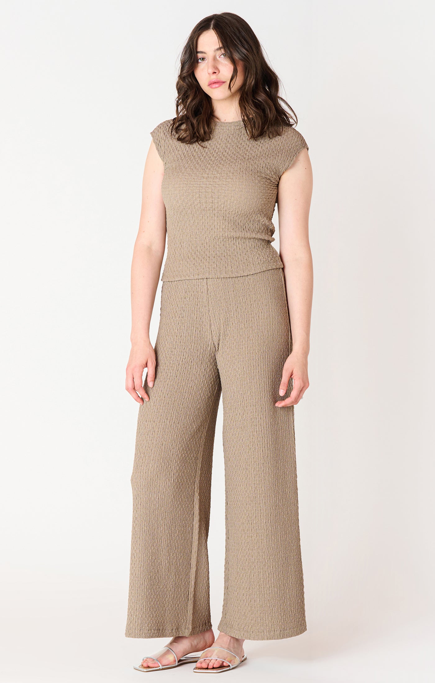 Drop Shoulder Cap Sleeve Textured Top Taupe