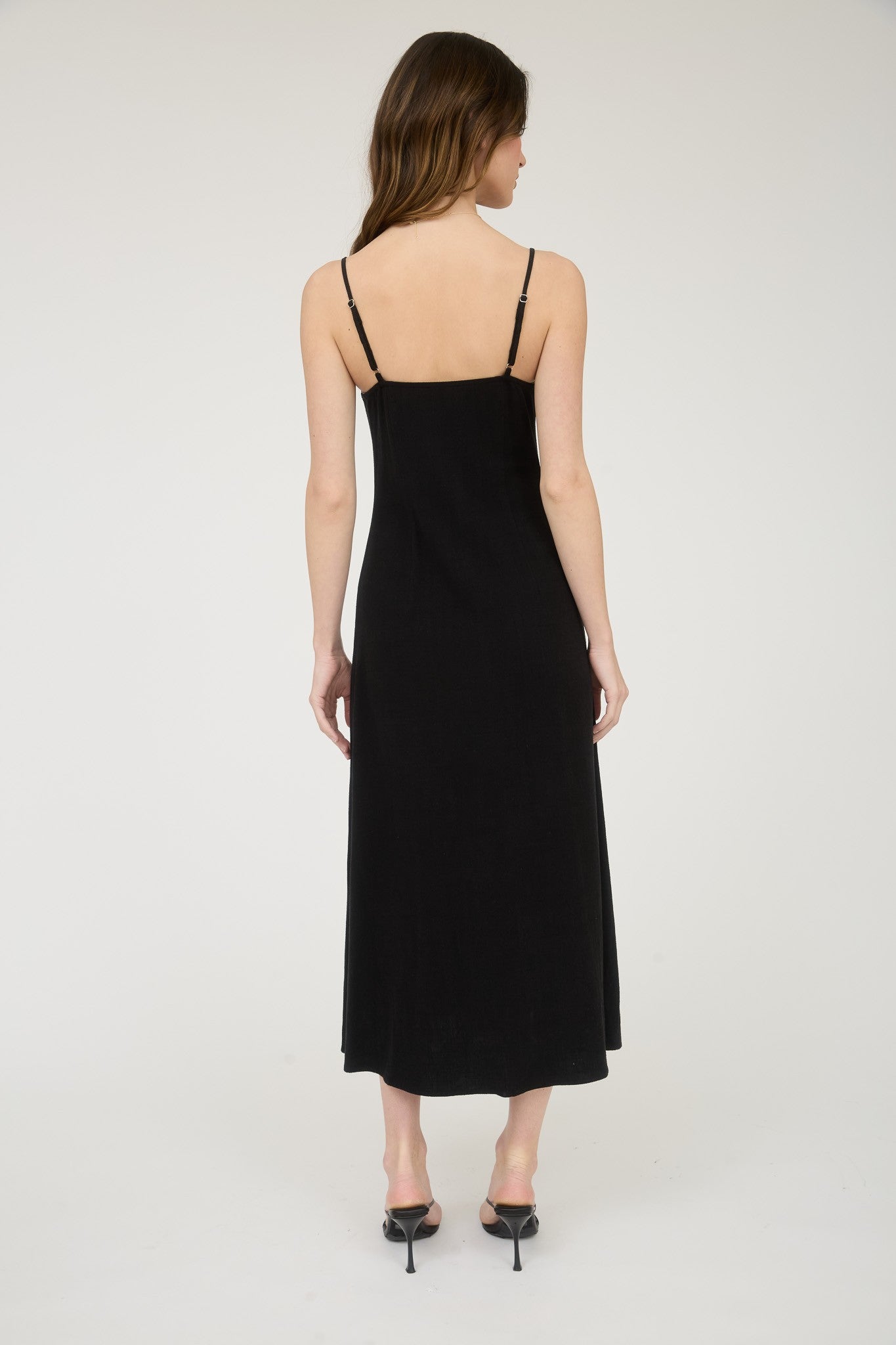 Button Down Front Tie Midi Dress Black