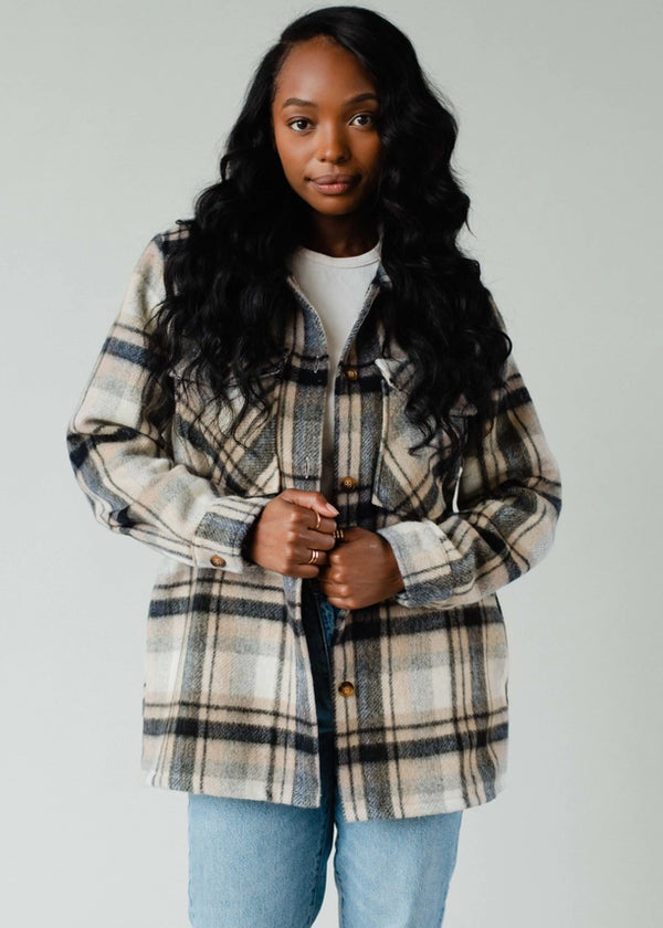 Buttoned Closure Plaid Shacket Black, Navy, Tan + Cream