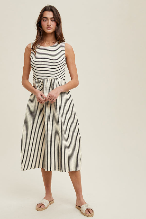 Sleeveless Striped Knit Midi Dress Black + Cream