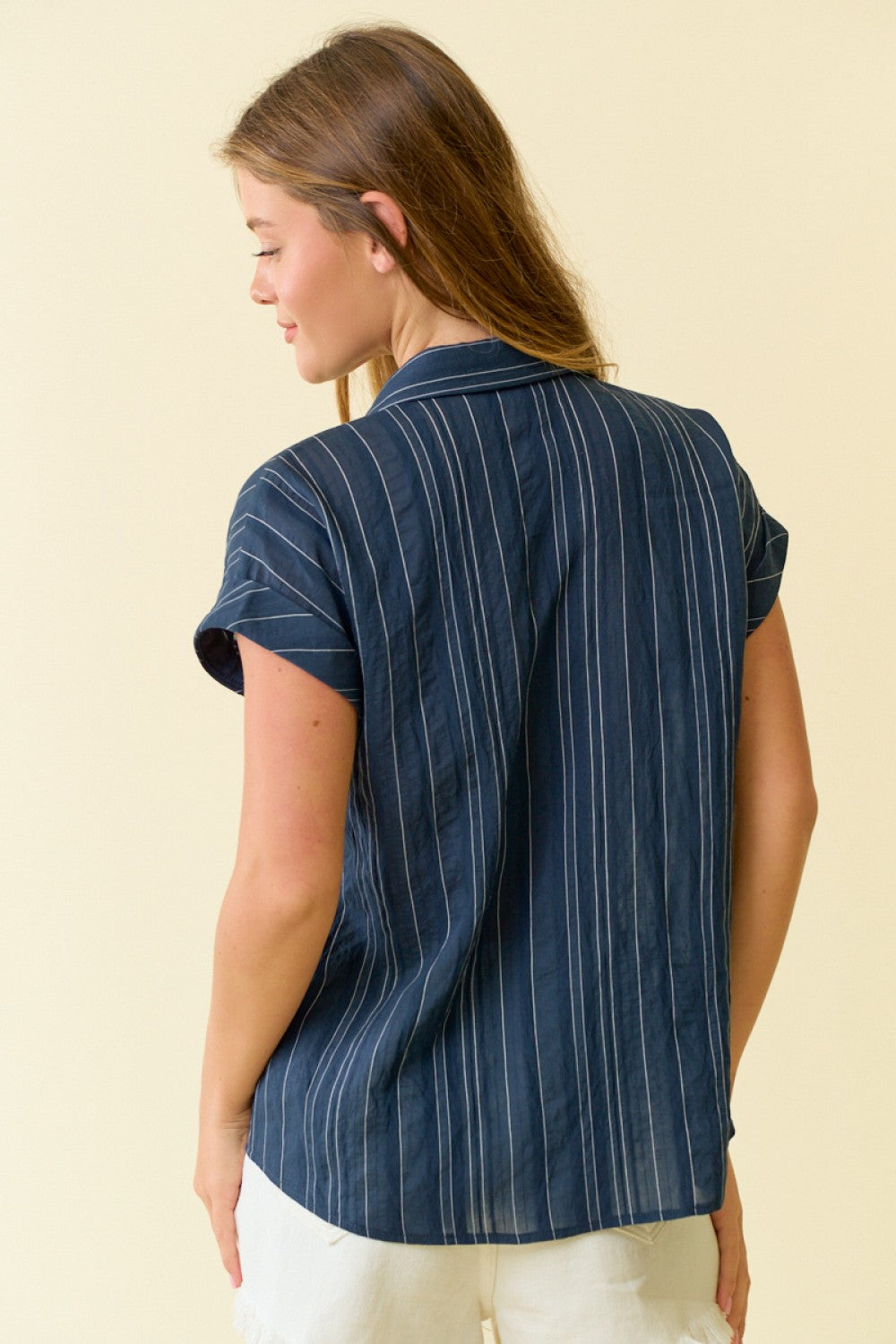 Front Knot Stripe Button Down Shirt Navy