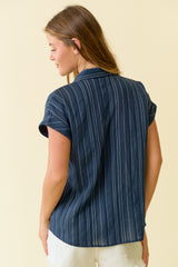 Front Knot Stripe Button Down Shirt Navy
