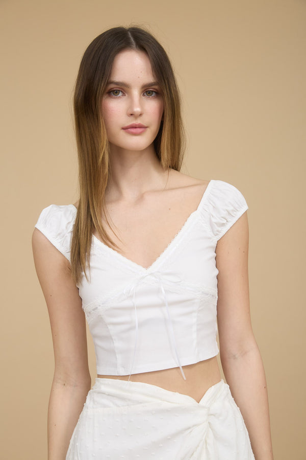 Lace Trim Ribbon Detail Ruched Sleeve Crop Top White
