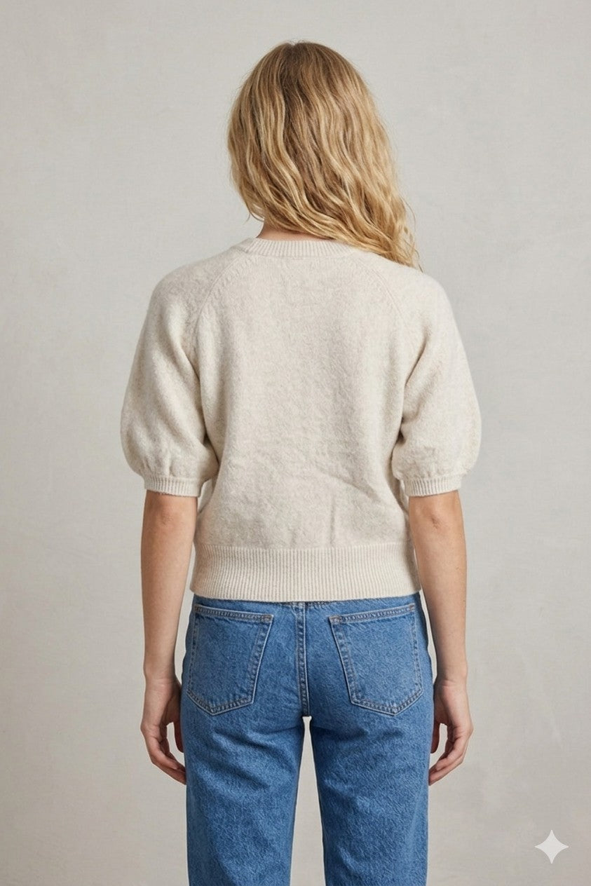 Dart Seam Detail Short Puff Sleeve Sweater Taupe