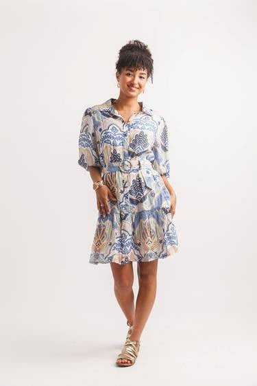 Boho Print Balloon Sleeve Belted Short Dress Blue