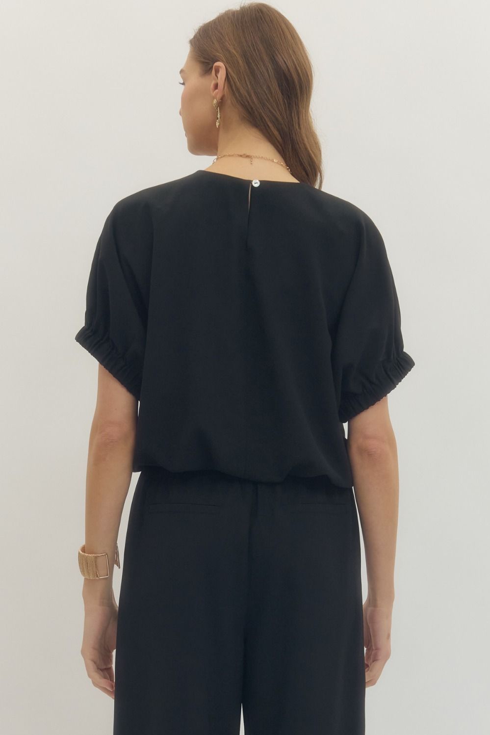 3/4 Sleeve Bubble Button Top Black