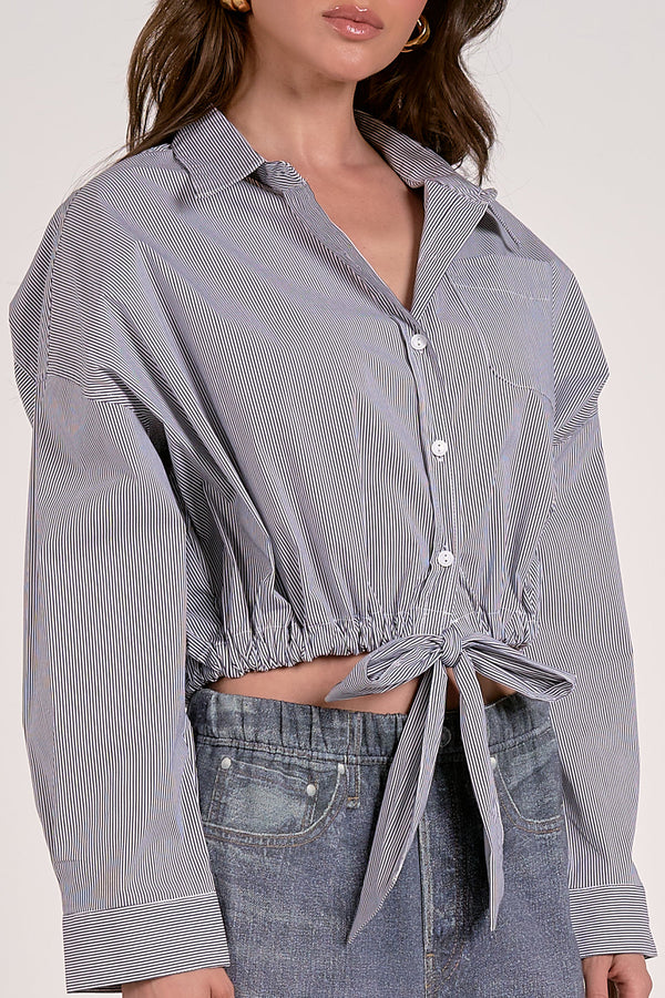 Cropped Tie Waist Button Down Shirt Black Stripe