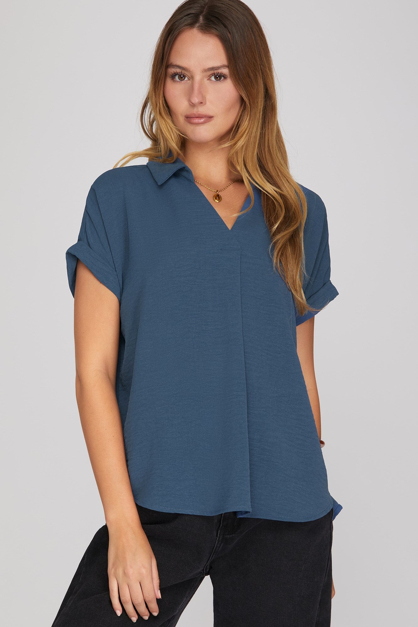 Drop Shoulder Collared Woven Top Dusty Blue