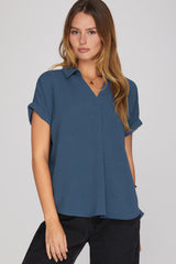 Drop Shoulder Collared Woven Top Dusty Blue