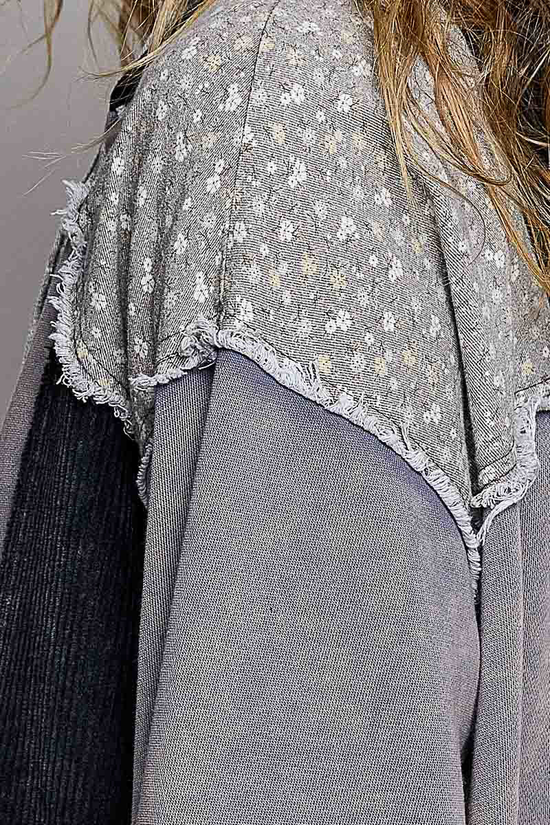 Vintage French Terry Mix Panel Hoodie Iron Grey