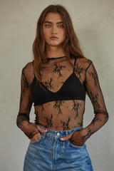 Aubrey Knit Jacquard Lace Mock Neck Top Black