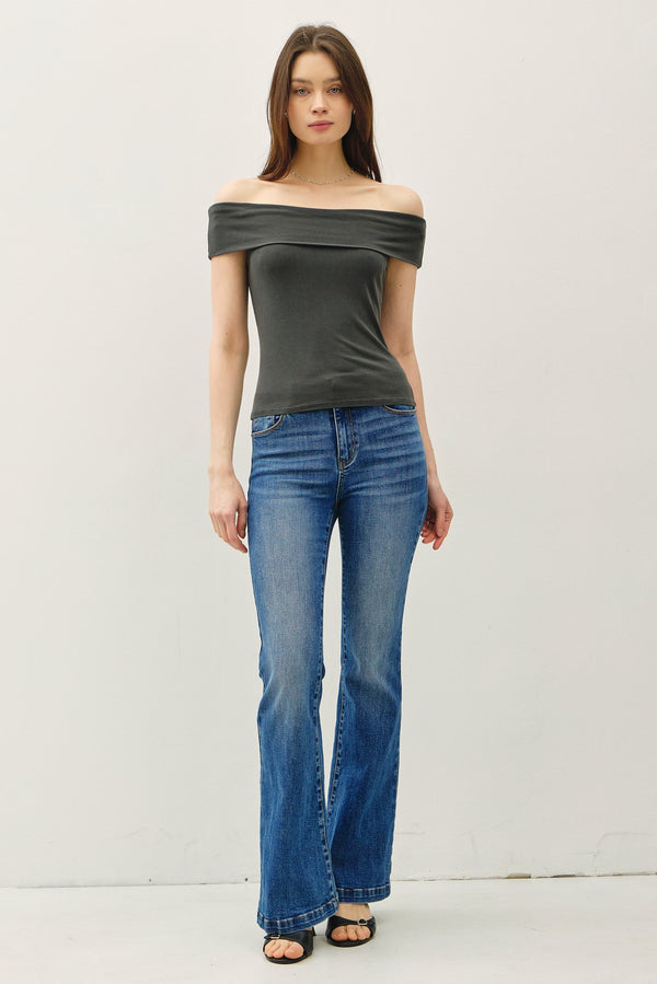 Ribbed Off Shoulder Top Charcoal